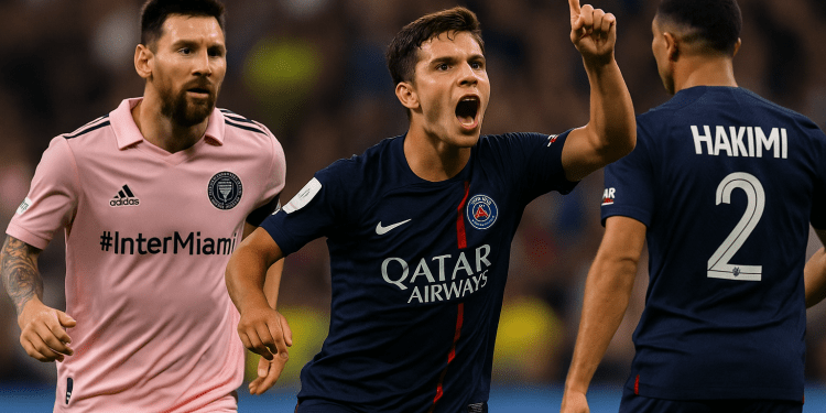 Alt Text: Joao Neves celebrates a goal for PSG with his finger raised, while Lionel Messi in an Inter Miami kit looks on and Achraf Hakimi stands nearby during the Club World Cup match.