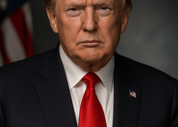 Donald Trump standing confidently with a solemn expression, dressed in a dark suit and red tie, with a dramatic patriotic backdrop symbolizing strength and leadershi