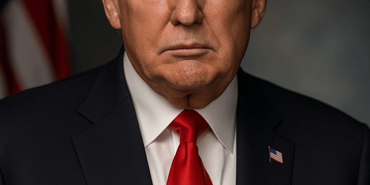 Donald Trump standing confidently with a solemn expression, dressed in a dark suit and red tie, with a dramatic patriotic backdrop symbolizing strength and leadershi