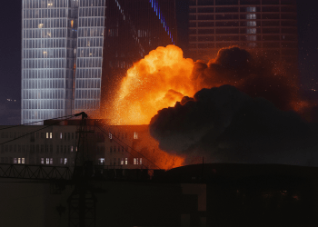 A fiery explosion erupts in an urban area at night, with smoke and flames rising near modern high-rise buildings.