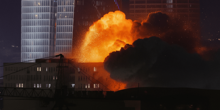 Tehran Sounds Alarm: U.S. Entry into Israel-Iran Strikes Could Ignite Global Crisis 1 A fiery explosion erupts in an urban area at night, with smoke and flames rising near modern high-rise buildings.