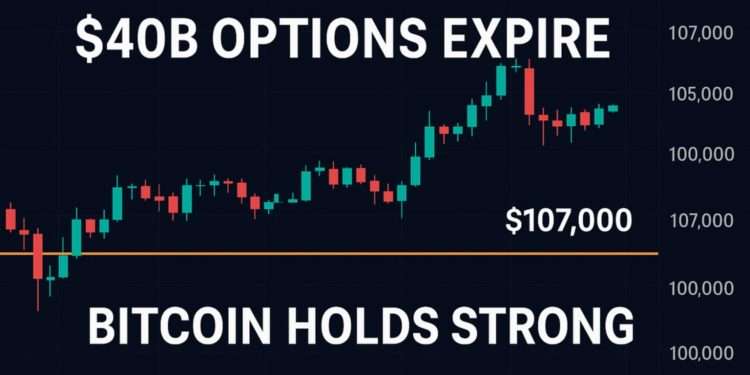 Bitcoin price chart showing $107K resistance during $40 billion options expiry, June 2025.