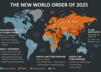 A geopolitical map titled 'The New World Order of 2025' showing global power shifts, including BRICS+ expansion, U.S. influence decline, Russian and Chinese strategic zones, AI and cyber warfare domains, and new trade alignments. Countries are color-coded to reflect alignment: Western-aligned, BRICS+, Russian influence, or neutral.