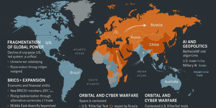 The New World Order of 2025: How Global Power Is Being Reshaped by War, Technology, and Economic Realignment 1 A geopolitical map titled 'The New World Order of 2025' showing global power shifts, including BRICS+ expansion, U.S. influence decline, Russian and Chinese strategic zones, AI and cyber warfare domains, and new trade alignments. Countries are color-coded to reflect alignment: Western-aligned, BRICS+, Russian influence, or neutral.