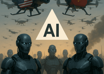 A futuristic digital illustration showing advanced military drones and cyber warfare interfaces symbolizing the 2025 AI arms race between the U.S. and China, highlighting technological dominance and global tension.