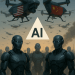 A futuristic digital illustration showing advanced military drones and cyber warfare interfaces symbolizing the 2025 AI arms race between the U.S. and China, highlighting technological dominance and global tension.