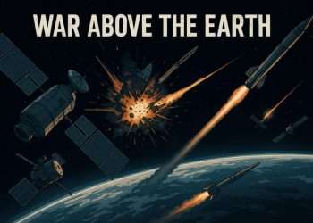 AI-powered space warfare in low Earth orbit with satellites and missiles during US-China conflict, titled "War Above the Earth