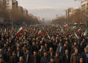 A high-resolution photograph showing a massive daytime protest in Tehran. Thousands of people fill the streets holding Iranian flags and banners, expressing opposition to Israeli airstrikes. The atmosphere is intense but peaceful, with visible unity and national symbolism.