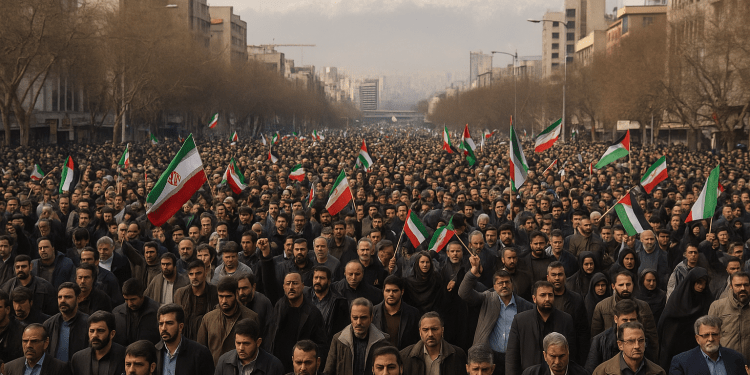 Tehran Erupts in Anti-Israel Protests — But Is It Also a Signal of Deeper Discontent? 1 A high-resolution photograph showing a massive daytime protest in Tehran. Thousands of people fill the streets holding Iranian flags and banners, expressing opposition to Israeli airstrikes. The atmosphere is intense but peaceful, with visible unity and national symbolism.