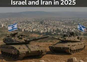 Two tanks with Israeli flags overlooking a cityscape, symbolizing heightened military alertness in response to growing tensions with Iran in 2025.