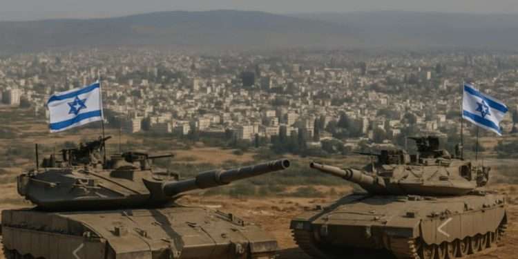Two tanks with Israeli flags overlooking a cityscape, symbolizing heightened military alertness in response to growing tensions with Iran in 2025.