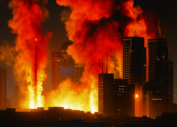 A city skyline engulfed in massive flames and thick black smoke at night, with high-rise buildings illuminated by the fire in the background.
