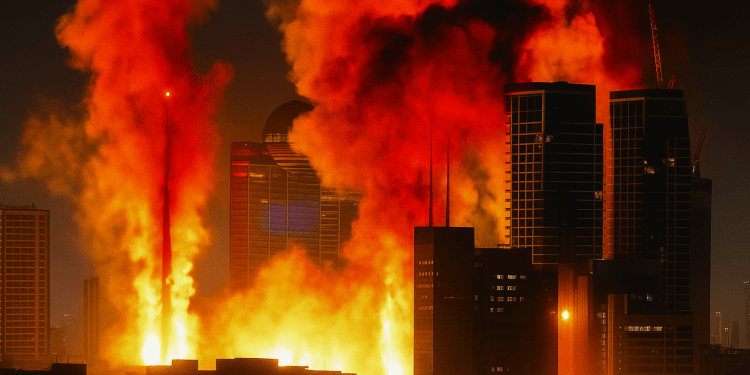 Iran’s Next Move: Global Tensions Surge After U.S. Strikes on Nuclear Facilities 1 A city skyline engulfed in massive flames and thick black smoke at night, with high-rise buildings illuminated by the fire in the background.