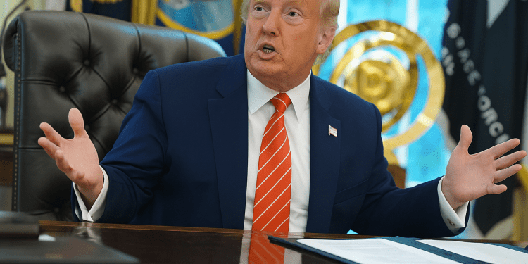 Former President Donald Trump speaks energetically at the Oval Office desk during a live policy discussion, with U.S. and Space Force flags in the background and a binder open in front of him.