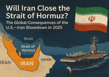 Map of the Strait of Hormuz highlighting Iran and Oman, with a U.S. aircraft carrier sailing nearby and an Iranian flag in the top right corner. Text reads: “Will Iran Close the Strait of Hormuz? The Global Consequences of the U.S.–Iran Showdown in 2025.”
