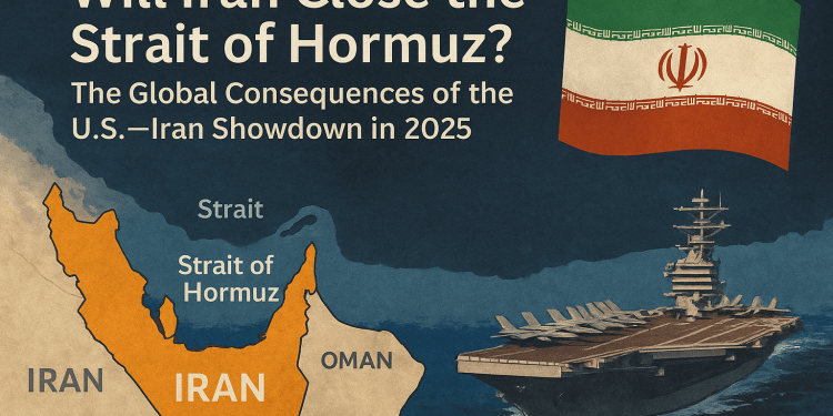 Will Iran Close the Strait of Hormuz? U.S. Warfare Strategy, Regional Fallout & Global Stakes (June 19, 2025) 1 Map of the Strait of Hormuz highlighting Iran and Oman, with a U.S. aircraft carrier sailing nearby and an Iranian flag in the top right corner. Text reads: “Will Iran Close the Strait of Hormuz? The Global Consequences of the U.S.–Iran Showdown in 2025.”