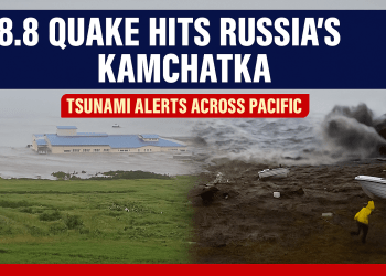 Realistic news composite image showing tsunami impact in Kamchatka after 8.8 magnitude earthquake, with ocean waves flooding a coastal building and boats scattered on a stormy shore.
