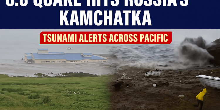 Kamchatka Quake Triggers Pacific-Wide Tsunami Alert 1 Realistic news composite image showing tsunami impact in Kamchatka after 8.8 magnitude earthquake, with ocean waves flooding a coastal building and boats scattered on a stormy shore.