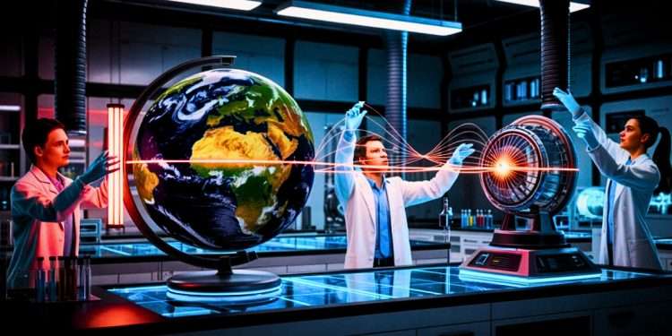 Scientists in a futuristic laboratory extracting rotational energy from Earth using magnetic field simulation and advanced equipment.