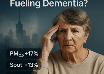 An illustrated infographic showing the link between air pollution and dementia, featuring icons of the brain, factory emissions, and PM2.5 particles on a blue scientific background.