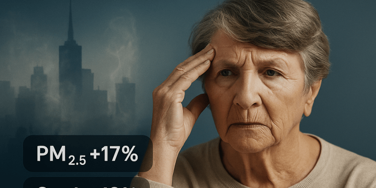 An illustrated infographic showing the link between air pollution and dementia, featuring icons of the brain, factory emissions, and PM2.5 particles on a blue scientific background.