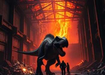 A monstrous dinosaur stalks two humans inside a collapsing industrial hangar, while fire and molten lava rain from above. The apocalyptic glow, steel framework, and eruptive chaos create a visceral, cinematic moment of survival and fear.