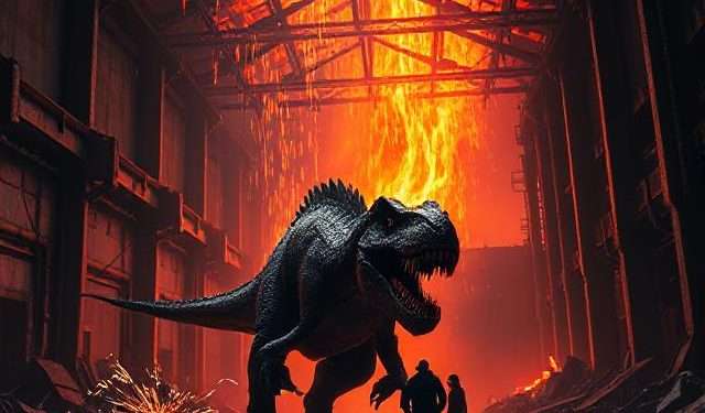 A monstrous dinosaur stalks two humans inside a collapsing industrial hangar, while fire and molten lava rain from above. The apocalyptic glow, steel framework, and eruptive chaos create a visceral, cinematic moment of survival and fear.