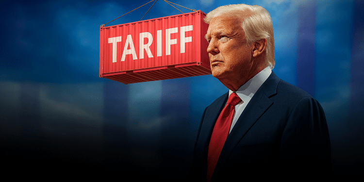 alt="Donald Trump standing under a large red container labeled 'TARIFF', symbolizing his aggressive trade policies and economic strategies, with a dramatic cloudy sky in the background