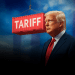 alt="Donald Trump standing under a large red container labeled 'TARIFF', symbolizing his aggressive trade policies and economic strategies, with a dramatic cloudy sky in the background