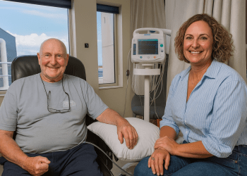 Peter, a smiling elderly man undergoing cancer treatment, sits in a hospital chair with a supportive female companion beside him, surrounded by medical equipment.