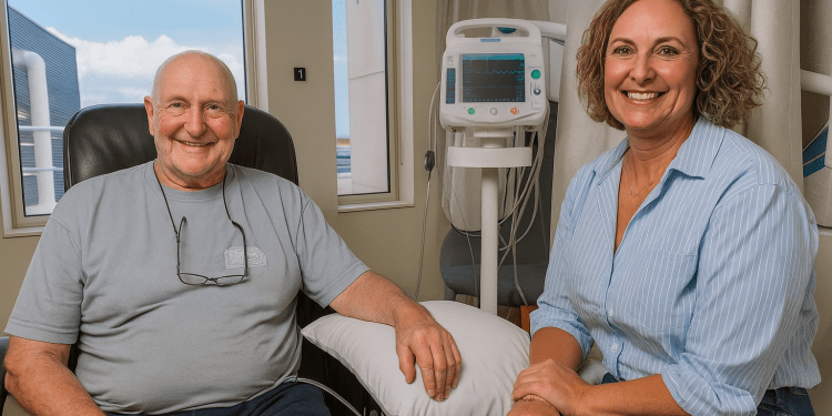 Breakthrough in Pancreatic Cancer: Experimental Drug AMP945 Erases Tumor in Australian Man 1 Peter, a smiling elderly man undergoing cancer treatment, sits in a hospital chair with a supportive female companion beside him, surrounded by medical equipment.