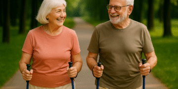 An elderly couple with light skin smiling and walking outdoors in a sunny park while holding Nordic walking poles, enjoying a healthy and active lifestyle together.