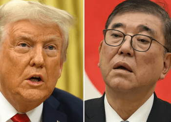 Side-by-side image of Donald Trump and a Japanese official during trade tensions, both in formal suits against national flag backgrounds