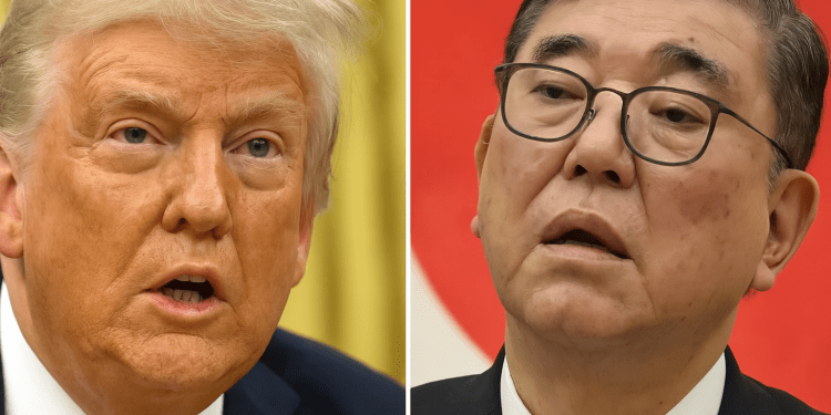 Side-by-side image of Donald Trump and a Japanese official during trade tensions, both in formal suits against national flag backgrounds