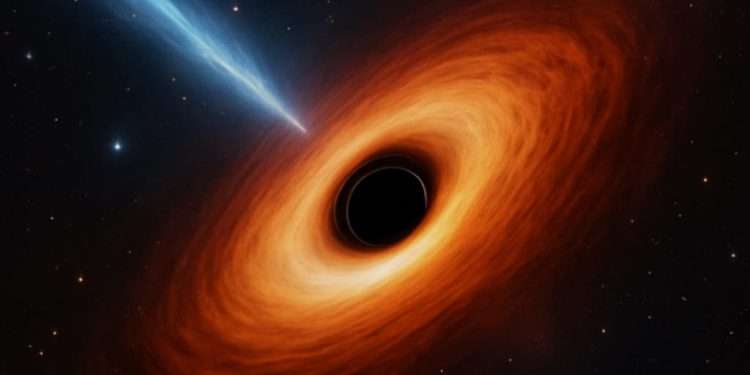 nfrared visualization of a dormant black hole in a dusty galaxy, emitting a narrow energy jet into deep space — inspired by MIT's 2025 discovery