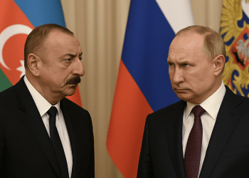 President Ilham Aliyev and President Vladimir Putin standing before their national flags with serious expressions, symbolizing rising diplomatic tensions between Azerbaijan and Russia in 2025.