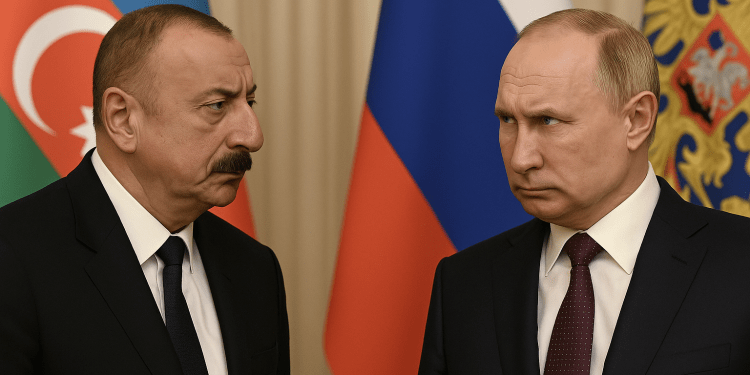 President Ilham Aliyev and President Vladimir Putin standing before their national flags with serious expressions, symbolizing rising diplomatic tensions between Azerbaijan and Russia in 2025.