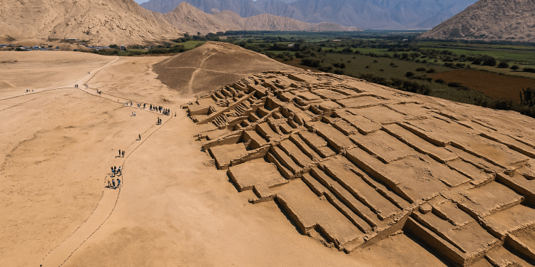 Peru Reopens 3800-Year-Old Penico Citadel After Restoration 1 A high-resolution aerial photograph captures an ancient archaeological site in a desert landscape with visible terraces and structures, surrounded by mountains and greenery in the background, with small groups of tourists walking along defined pathways under a clear blue sky