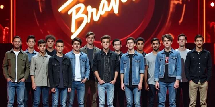 Sixteen male contestants standing on stage during the Santos Bravos 2025 music reality show, wearing casual outfits with the show's logo in the background