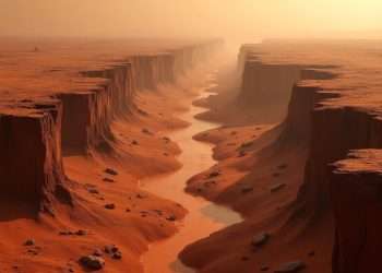AI-generated image of an ancient Martian riverbed with eroded cliffs, dry channels, and red dusty terrain under a hazy atmosphere."