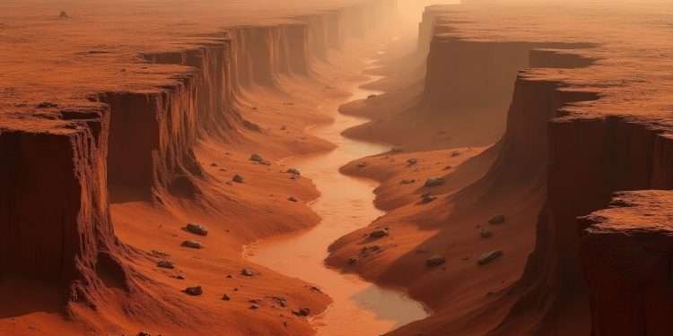 Mars Was Once Wet: Scientists Shocked by Massive Riverbed Discovery 1 AI-generated image of an ancient Martian riverbed with eroded cliffs, dry channels, and red dusty terrain under a hazy atmosphere."