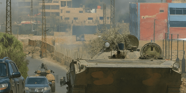 A high-resolution photograph captures a military vehicle moving through a dusty urban area during a conflict, with smoke rising in the background, surrounded by buildings and utility poles under a clear sky.