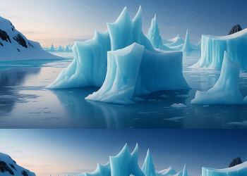 A digital illustration of melting icebergs in Antarctica under a pale sky, surrounded by calm icy waters, symbolizing climate change and global warming.