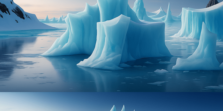 Antarctica 2025 Meltdown: A Climate Emergency Unfolding 1 A digital illustration of melting icebergs in Antarctica under a pale sky, surrounded by calm icy waters, symbolizing climate change and global warming.
