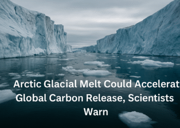 Melting Arctic glaciers with towering ice walls and floating ice chunks, illustrating the threat of accelerated carbon release from thawing permafros