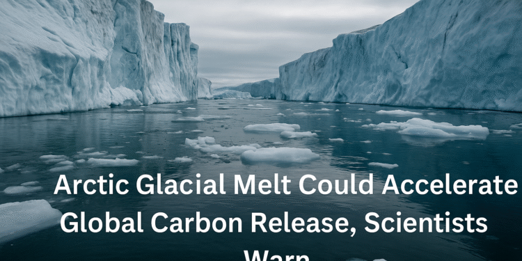 Arctic Glacier Melt Speeds Permafrost Carbon Release 1 Melting Arctic glaciers with towering ice walls and floating ice chunks, illustrating the threat of accelerated carbon release from thawing permafros