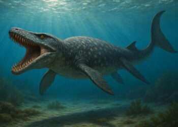 Artistic reconstruction of Jormungander walhallaensi, a 24-foot prehistoric sea dragon mosasaur with sharp teeth, swimming in the Late Cretaceous ocean.