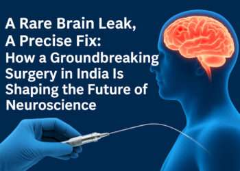 Illustration of a human brain with a glowing neural structure during a neurosurgical procedure in India, symbolizing cutting-edge endovascular treatment for cerebrospinal fluid leaks.