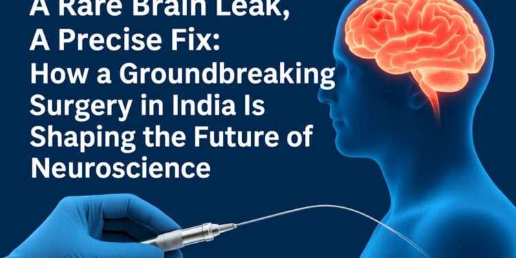 India Treats Rare Brain Leak with Minimally Invasive Surgery 1 Illustration of a human brain with a glowing neural structure during a neurosurgical procedure in India, symbolizing cutting-edge endovascular treatment for cerebrospinal fluid leaks.