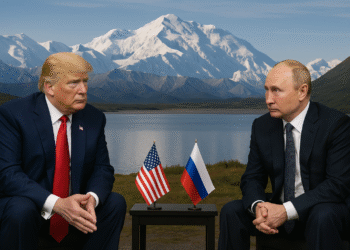 Former U.S. President Donald Trump and Russian President Vladimir Putin meeting in Alaska, shaking hands in a formal setting, with snowy mountains in the background.